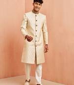 Cream maroon jacquard sherwani set - cutdana embroidery wedding traditional wear