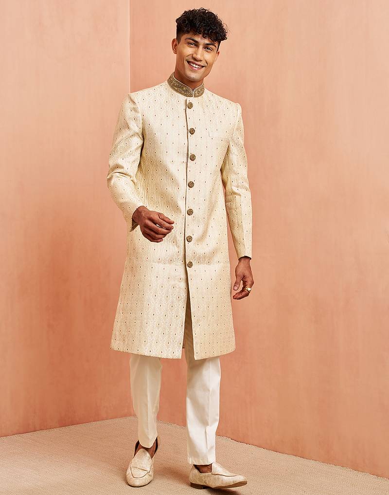 Cream maroon jacquard sherwani set - cutdana embroidery wedding traditional wear