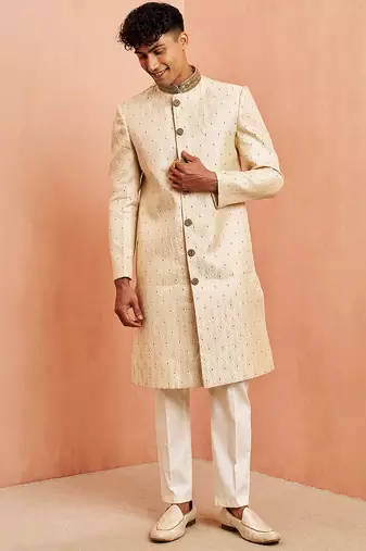 Cream maroon jacquard sherwani set - cutdana embroidery wedding traditional wear