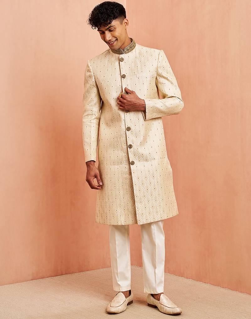 Cream maroon jacquard sherwani set - cutdana embroidery wedding traditional wear