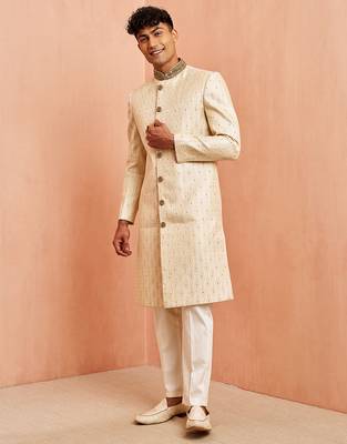 Cream maroon jacquard sherwani set - cutdana embroidery wedding traditional wear 4