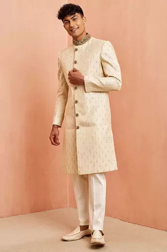 Cream maroon jacquard sherwani set - cutdana embroidery wedding traditional wear