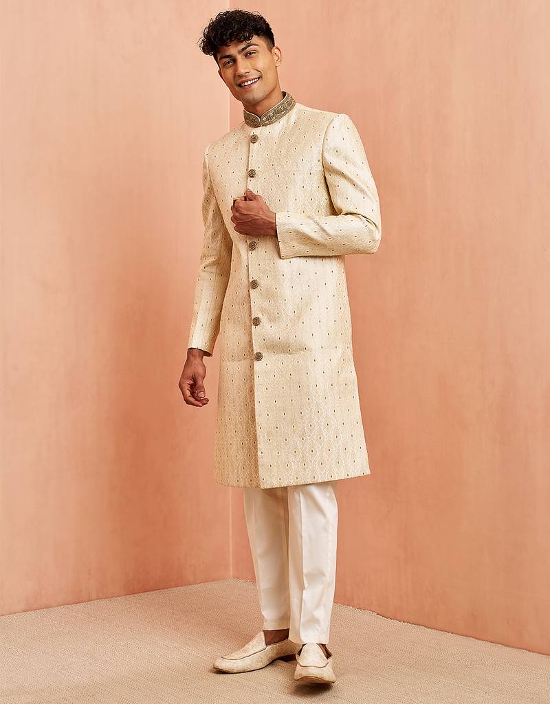 Cream maroon jacquard sherwani set - cutdana embroidery wedding traditional wear