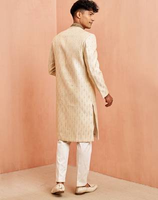 Cream maroon jacquard sherwani set - cutdana embroidery wedding traditional wear 5