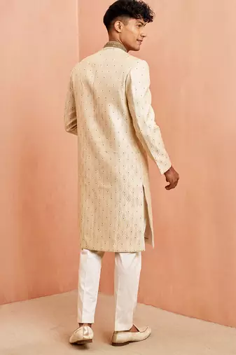 Cream maroon jacquard sherwani set - cutdana embroidery wedding traditional wear