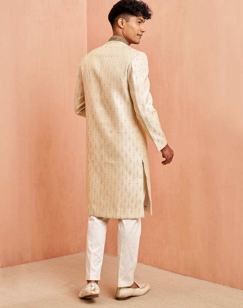 Cream maroon jacquard sherwani set - cutdana embroidery wedding traditional wear