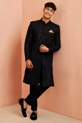 Black rayon sherwani set - hexagon sequin embroidery traditional festive, wedding wear