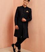 Black rayon sherwani set - hexagon sequin embroidery traditional festive, wedding wear