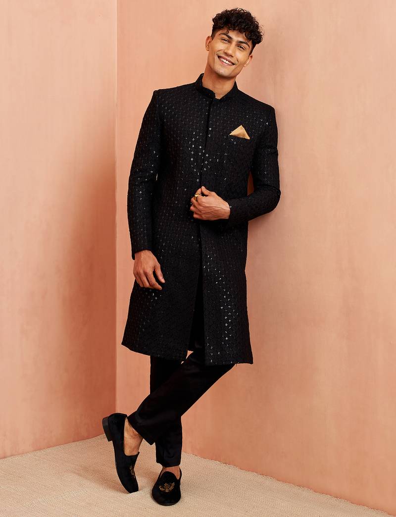 Black rayon sherwani set - hexagon sequin embroidery traditional festive, wedding wear