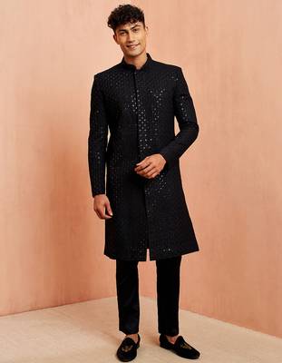 Black rayon sherwani set - hexagon sequin embroidery traditional festive, wedding wear 3