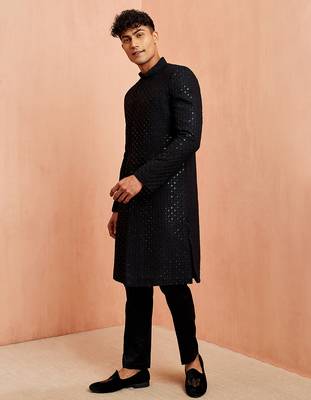 Black rayon sherwani set - hexagon sequin embroidery traditional festive, wedding wear 4