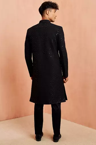 Black rayon sherwani set - hexagon sequin embroidery traditional festive, wedding wear