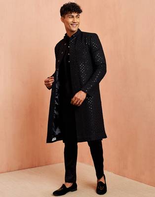 Black 3-piece indo western sherwani set - sequin embroidery wedding traditional wear 1