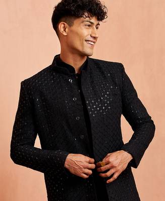 Black 3-piece indo western sherwani set - sequin embroidery wedding traditional wear 2