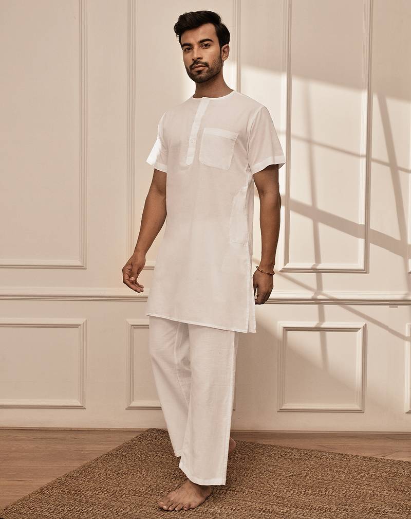 white cotton mid-length kurta and palazzo set
