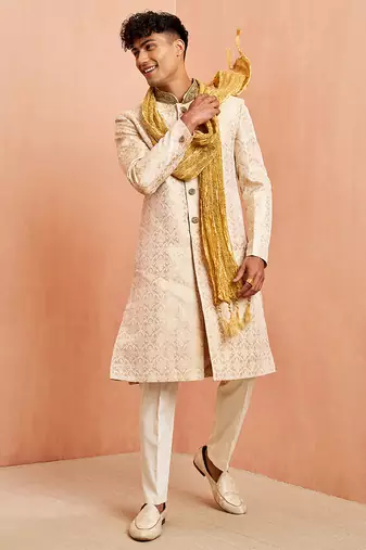 Beige 3-piece jacquard sherwani pyjama dupatta set - zardozi sequin wedding wear