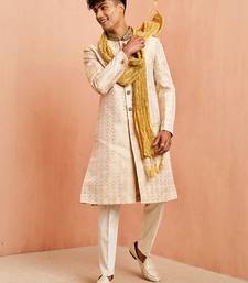 Beige 3-piece jacquard sherwani pyjama dupatta set - zardozi sequin wedding wear