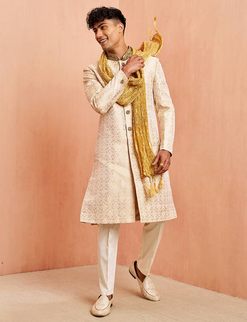 Beige 3-piece jacquard sherwani pyjama dupatta set - zardozi sequin wedding wear