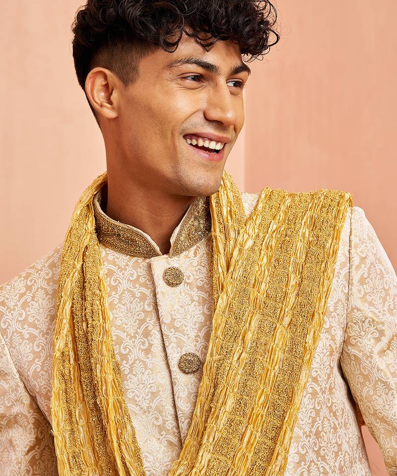 Beige 3-piece jacquard sherwani pyjama dupatta set - zardozi sequin wedding wear
