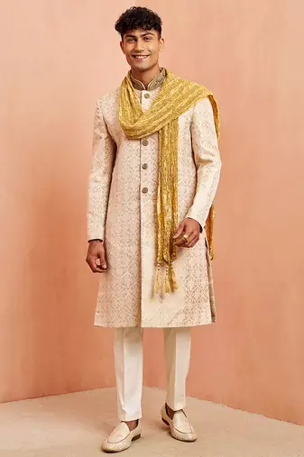 Beige 3-piece jacquard sherwani pyjama dupatta set - zardozi sequin wedding wear