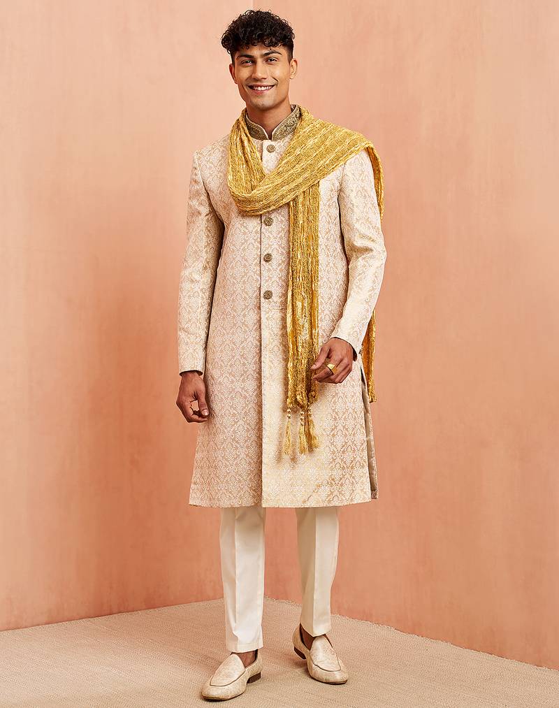 Beige 3-piece jacquard sherwani pyjama dupatta set - zardozi sequin wedding wear