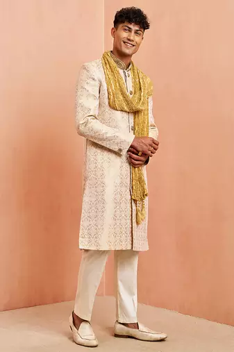 Beige 3-piece jacquard sherwani pyjama dupatta set - zardozi sequin wedding wear