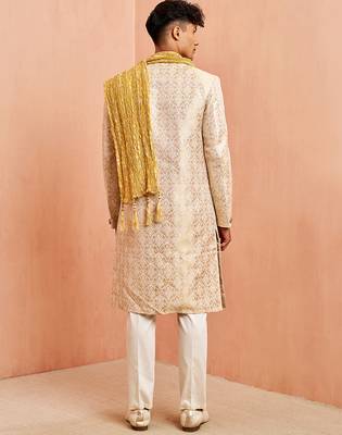 Beige 3-piece jacquard sherwani pyjama dupatta set - zardozi sequin wedding wear 5