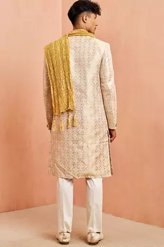 Beige 3-piece jacquard sherwani pyjama dupatta set - zardozi sequin wedding wear