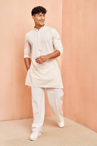 Cream mid length kurta pant set - cotton blend ethnic kurta with white wide leg pants