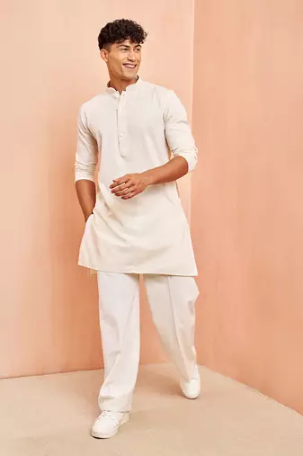 Cream mid length kurta pant set - cotton blend ethnic kurta with white wide leg pants