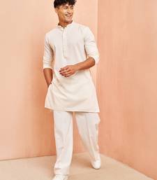 Cream mid length kurta pant set - cotton blend ethnic kurta with white wide leg pants