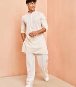 Cream mid length kurta pant set - cotton blend ethnic kurta with white wide leg pants