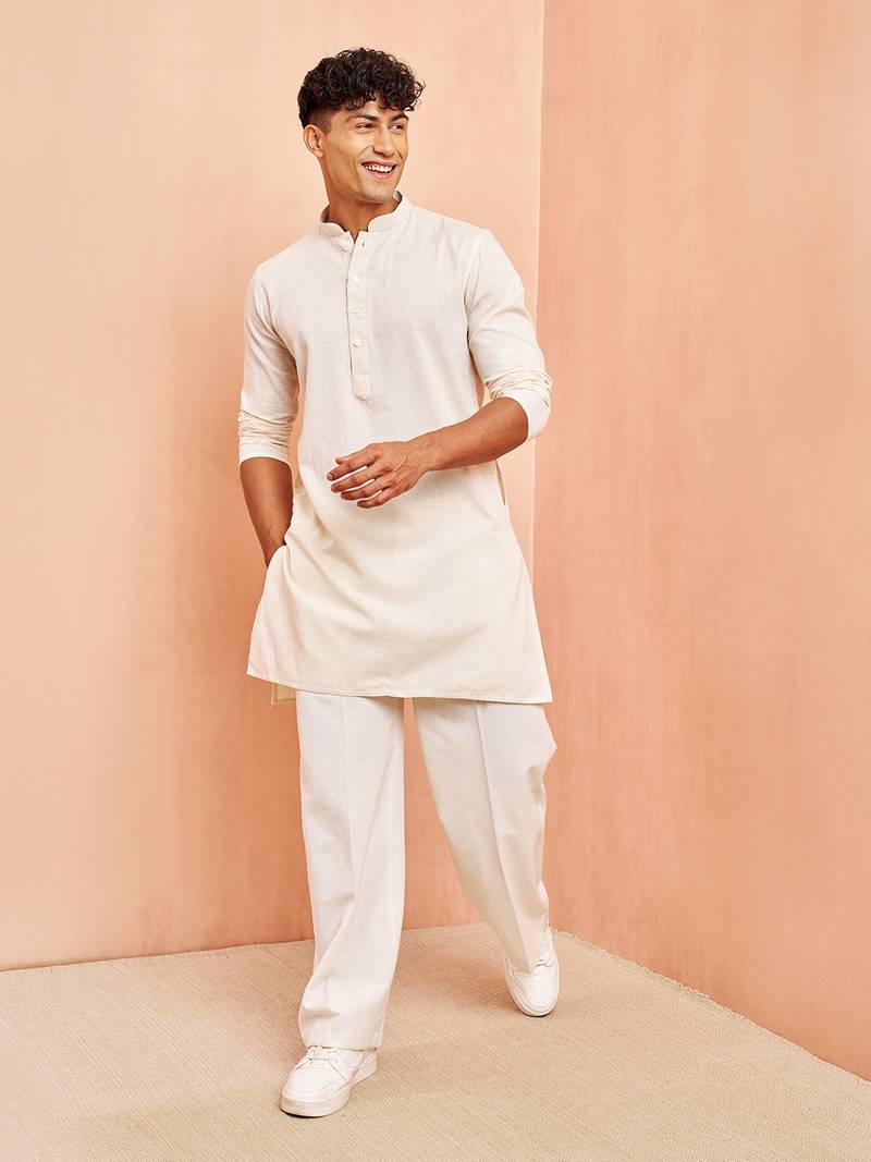 Cream mid length kurta pant set - cotton blend ethnic kurta with white wide leg pants