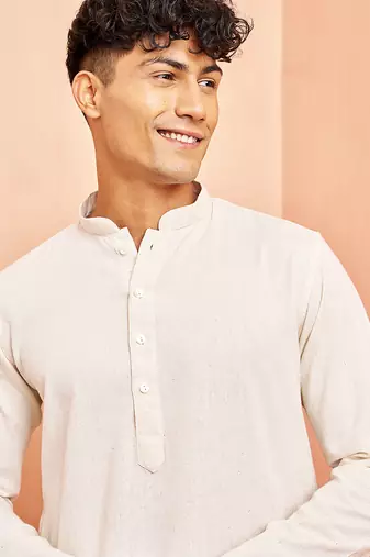 Cream mid length kurta pant set - cotton blend ethnic kurta with white wide leg pants
