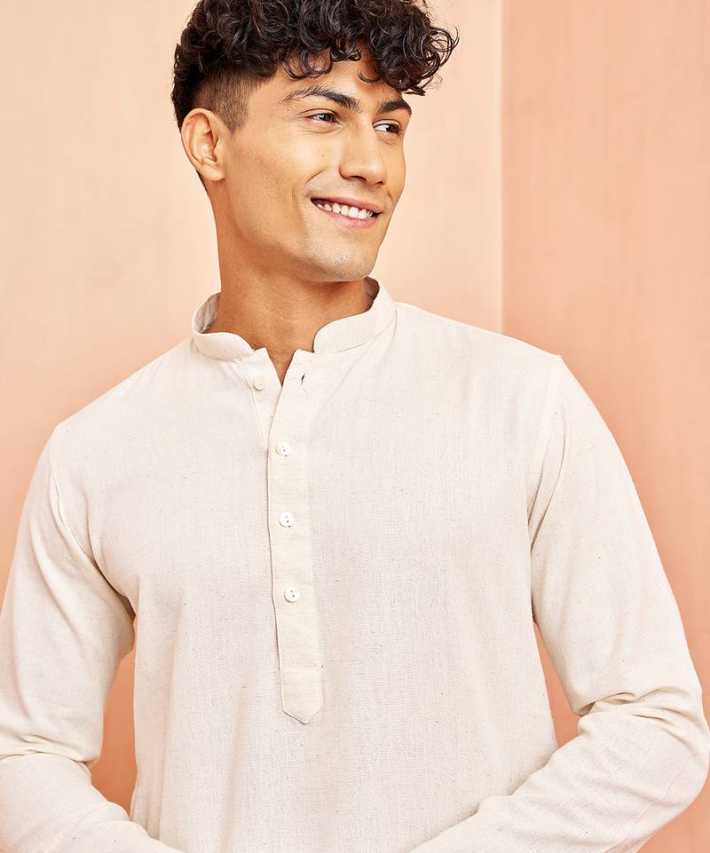 Cream mid length kurta pant set - cotton blend ethnic kurta with white wide leg pants