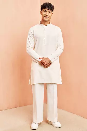 Cream mid length kurta pant set - cotton blend ethnic kurta with white wide leg pants