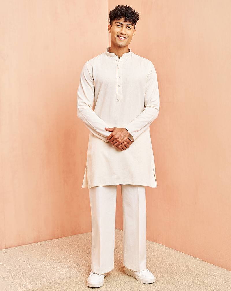 Cream mid length kurta pant set - cotton blend ethnic kurta with white wide leg pants