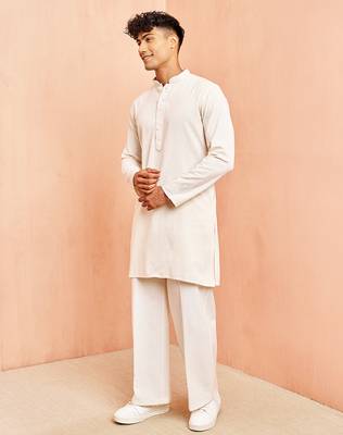 Cream mid length kurta pant set - cotton blend ethnic kurta with white wide leg pants 4