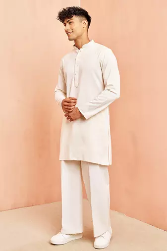 Cream mid length kurta pant set - cotton blend ethnic kurta with white wide leg pants