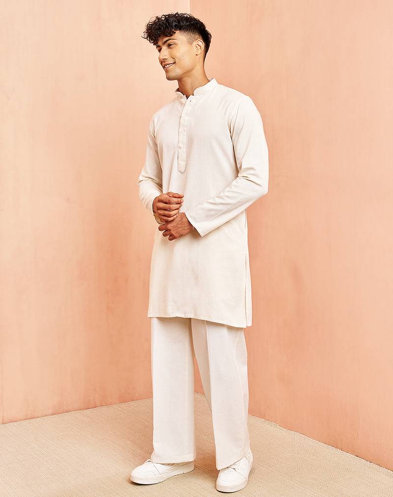 Cream mid length kurta pant set - cotton blend ethnic kurta with white wide leg pants