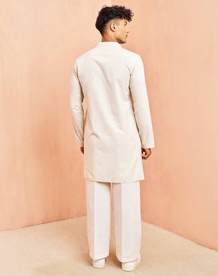 Cream mid length kurta pant set - cotton blend ethnic kurta with white wide leg pants 5
