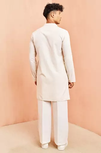 Cream mid length kurta pant set - cotton blend ethnic kurta with white wide leg pants