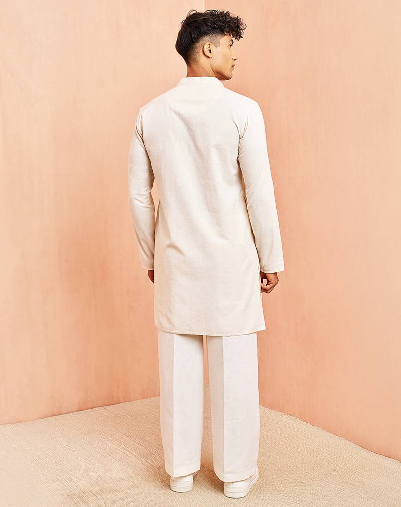 Cream mid length kurta pant set - cotton blend ethnic kurta with white wide leg pants