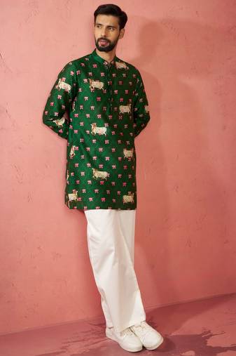 Green digital print kurta with cream satin palazzo - animal floral