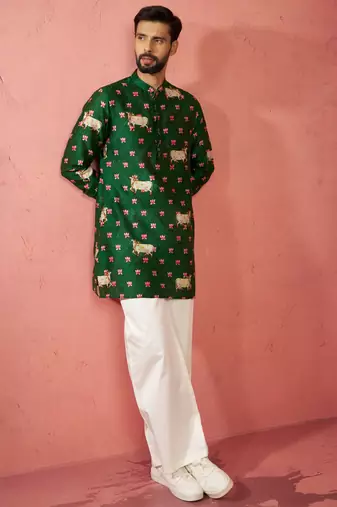 Green digital print kurta with cream satin palazzo - animal floral