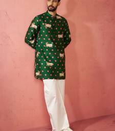 Green digital print kurta with cream satin palazzo - animal floral