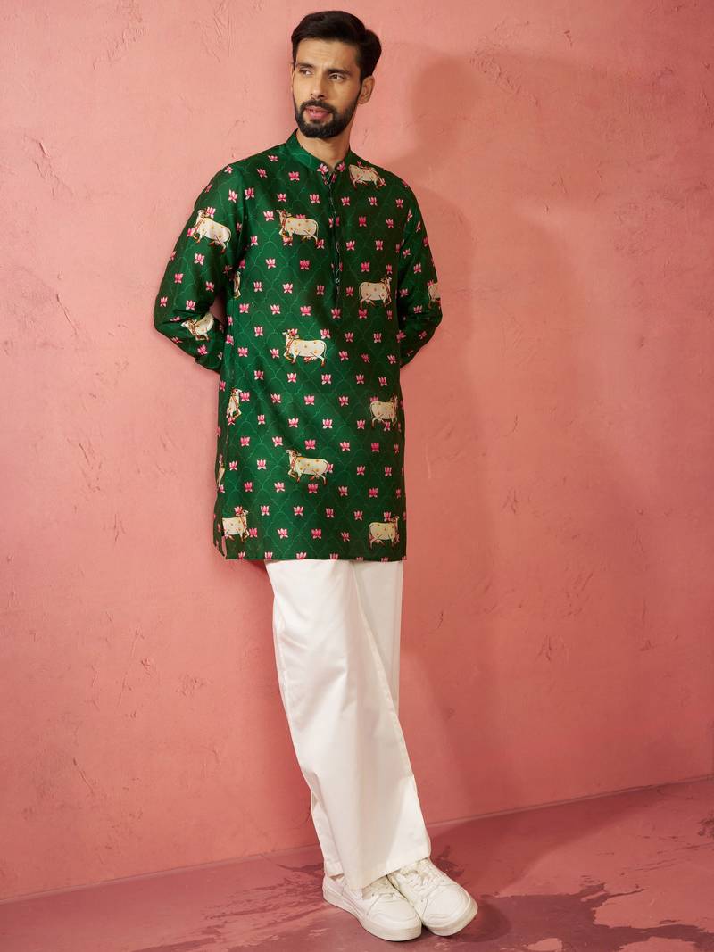Green digital print kurta with cream satin palazzo - animal floral
