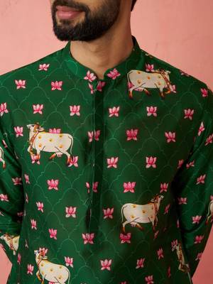 Green digital print kurta with cream satin palazzo - animal floral 2