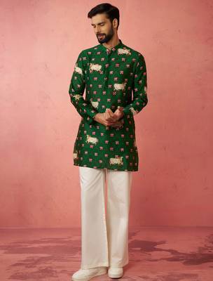 Green digital print kurta with cream satin palazzo - animal floral 3