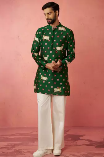 Green digital print kurta with cream satin palazzo - animal floral